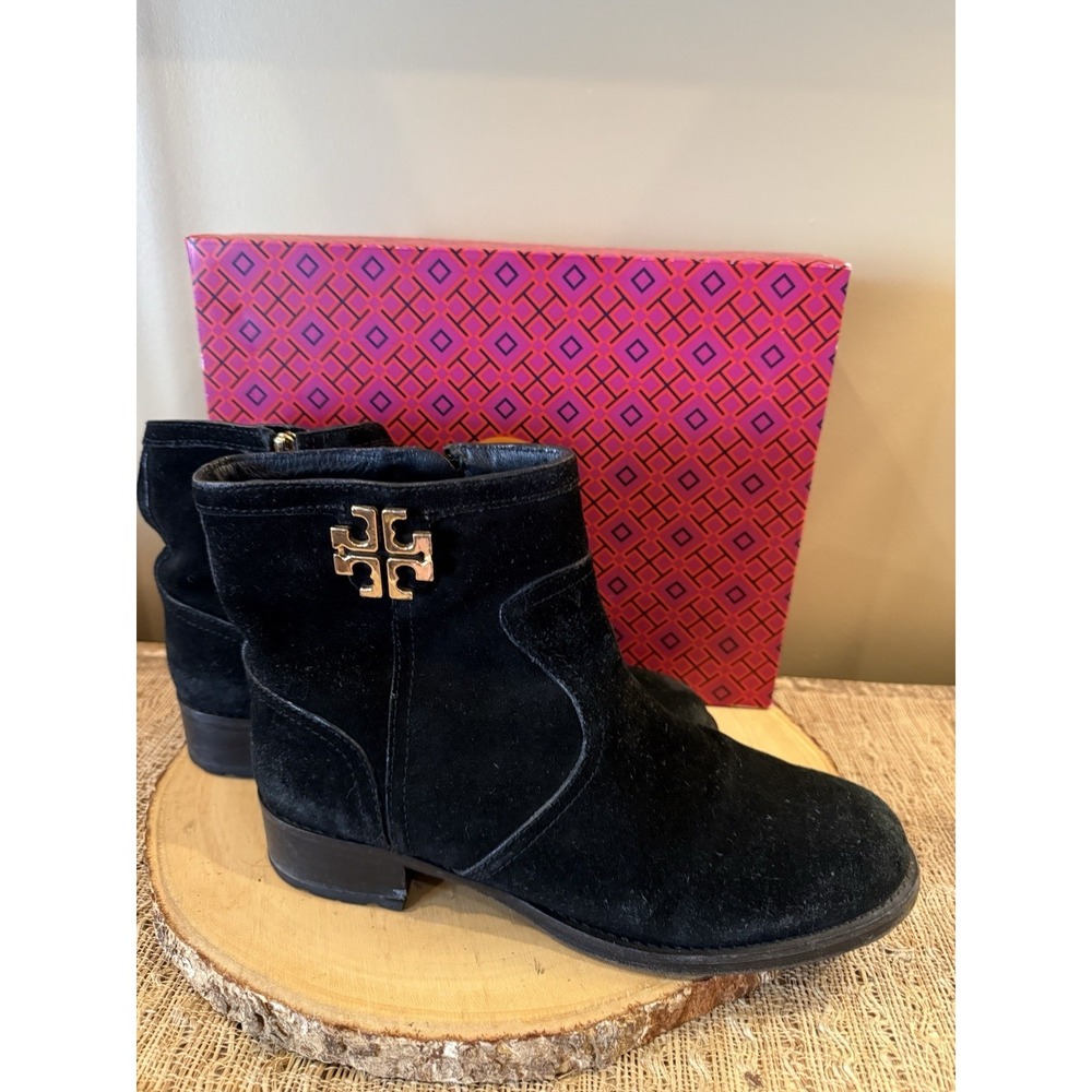 Tory Burch Eloise Black Suede Leather Side Zip Ankle Booties Shoes Womens Sz-11‎